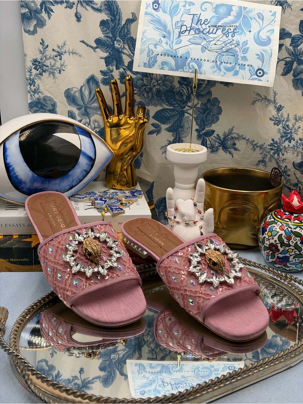 🆕 KURT GEIGER LONDON 🧿 NWOB Chelsea Flat Sandal, Pink Mesh Crystal, Sz 37 US 7 - Picture 4 of 14